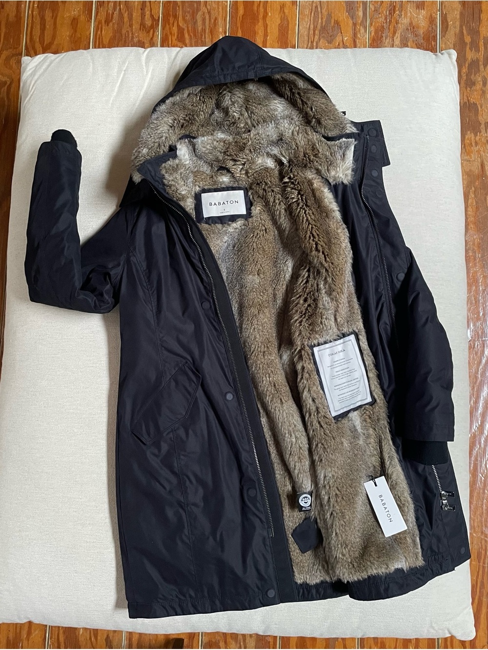 Babaton Black Parka with Brown Faux-Fur Lining